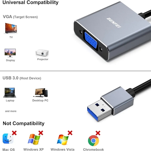 BENFEI USB 3.0 to VGA Adapter, USB 3.0 to VGA Male to Female Adapter for Windows - Picture 9 of 12